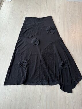 Tricotto Black Patchwork Maxi Skirt with Rosette Details
